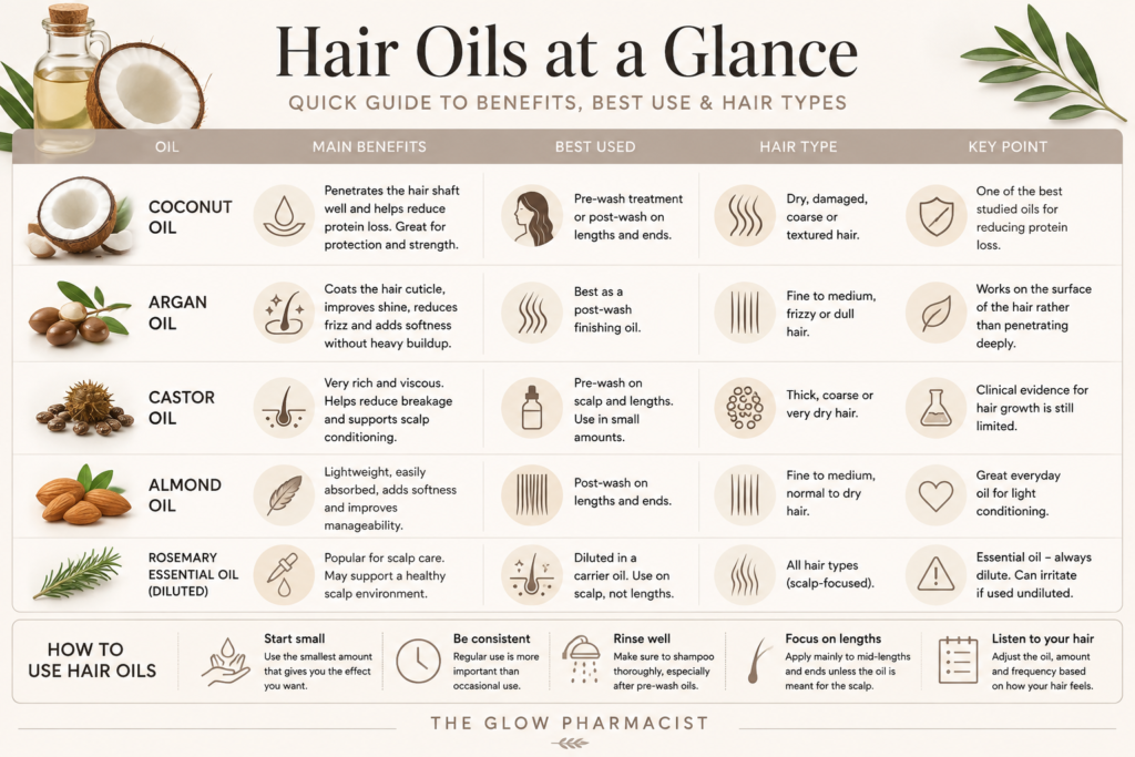 Hair oils at a glance: coconut, argan, castor, almond and rosemary oil guide by The Glow Pharmacist