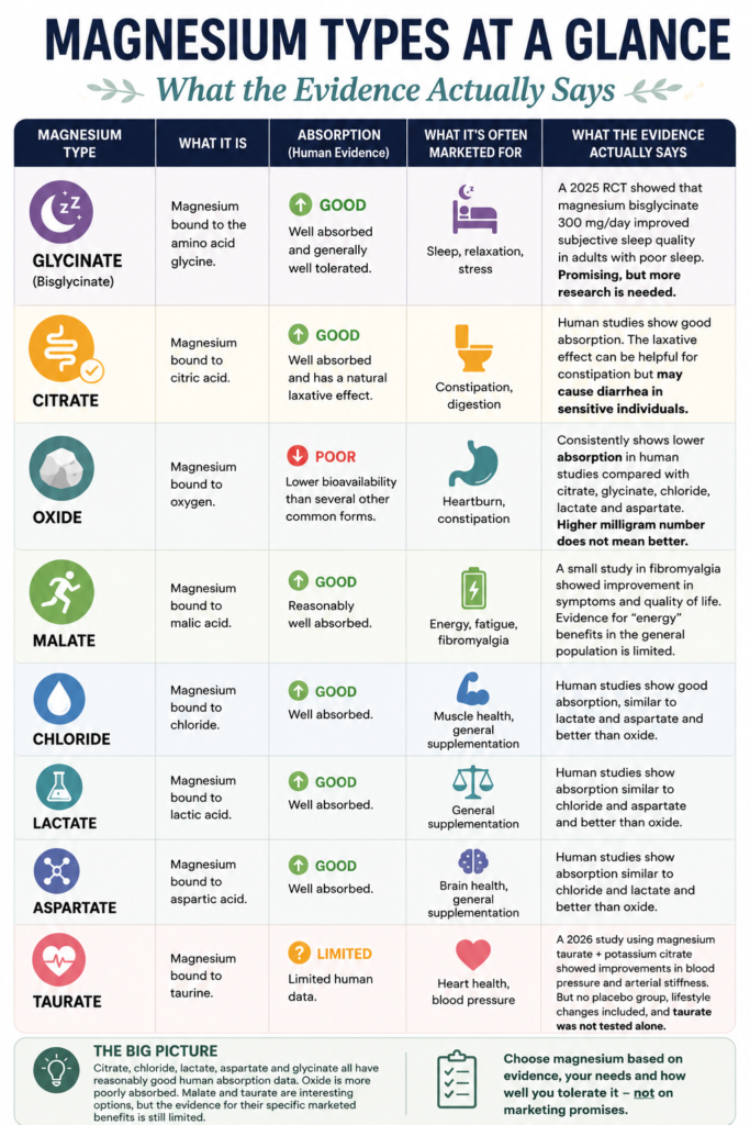 Magnesium types at a glance: glycinate, citrate, oxide, malate, chloride, lactate, aspartate and taurate